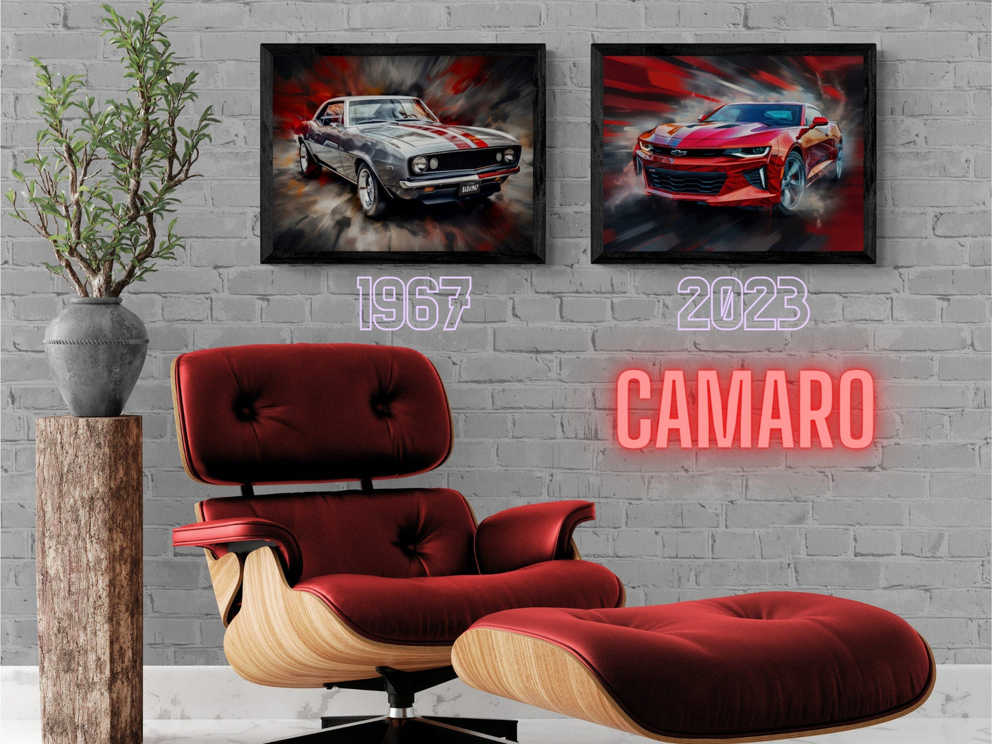 1967 Chevrolet Camaro Silver and Red Canvas Print | Vintage Auto Wall Art Decor | Retro Muscle Car | Car Lovers Poster Gift