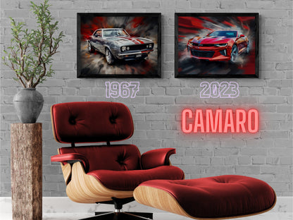1967 Chevrolet Camaro Silver and Red Canvas Print | Vintage Auto Wall Art Decor | Retro Muscle Car | Car Lovers Poster Gift