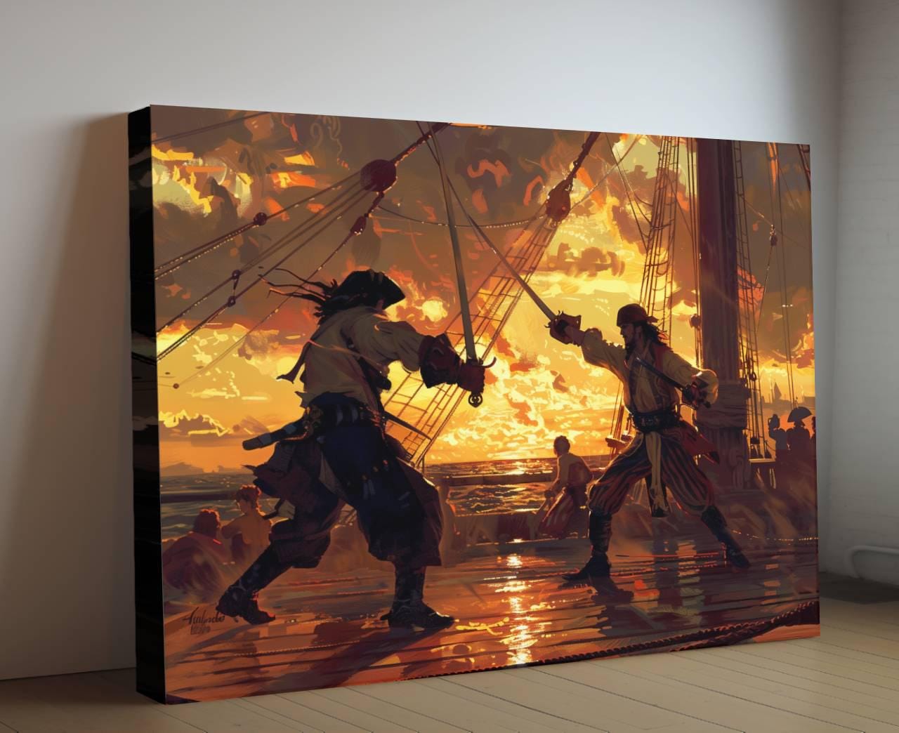 Pirate Sword Fight Sunset Canvas, Silhouette Duel Print, Golden Sky Maritime Battle Decor, Epic Combat Scene Painting