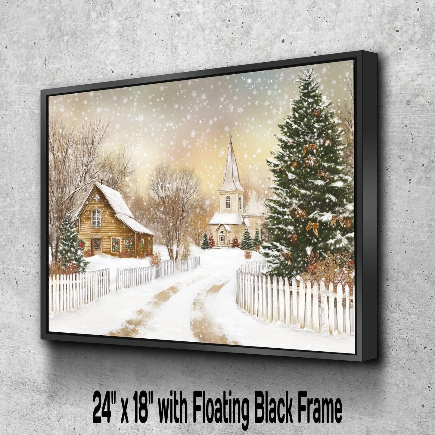 Snowy Christmas Village Print | Winter Church Scene Wall Art | Holiday Cottage Decor | Festive Snow Landscape | Xmas Tree Home Decor