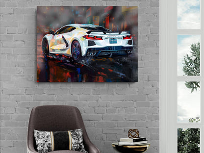 2025 C8 Corvette White Rear View Canvas Wall Art | Chevrolet Sportscar Print | Modern Auto Poster | Car Lover Gift | C8 Vette Decor
