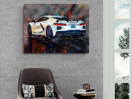 2025 C8 Corvette White Rear View Canvas Wall Art | Chevrolet Sportscar Print | Modern Auto Poster | Car Lover Gift | C8 Vette Decor