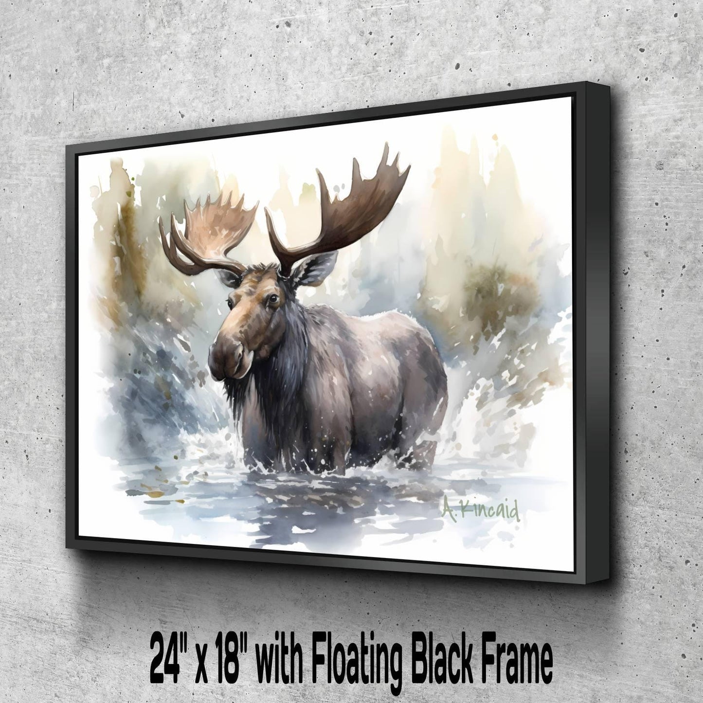 A moose with large antlers is depicted in a water-filled forest, surrounded by splashing water.