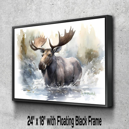 A moose with large antlers is depicted in a water-filled forest, surrounded by splashing water.