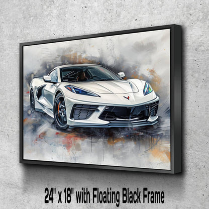 2025 C8 Corvette White Canvas Wall Art | Chevrolet Sportscar Print | Modern Auto Poster | Car Lover Gift | C8 Vette Decor | Framed Available