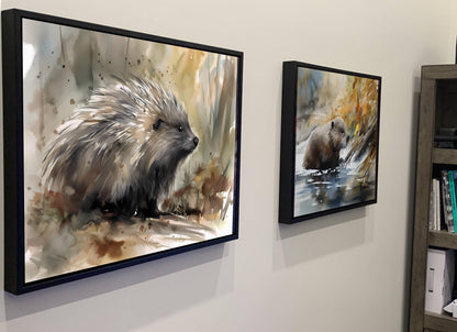 two framed paintings of porcupines on a wall.