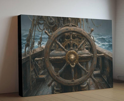 Pirate Ship Wheel Canvas, Helm Steering Print, Nautical Maritime Wall Decor, Weathered Wooden Deck Painting, Captain's Command