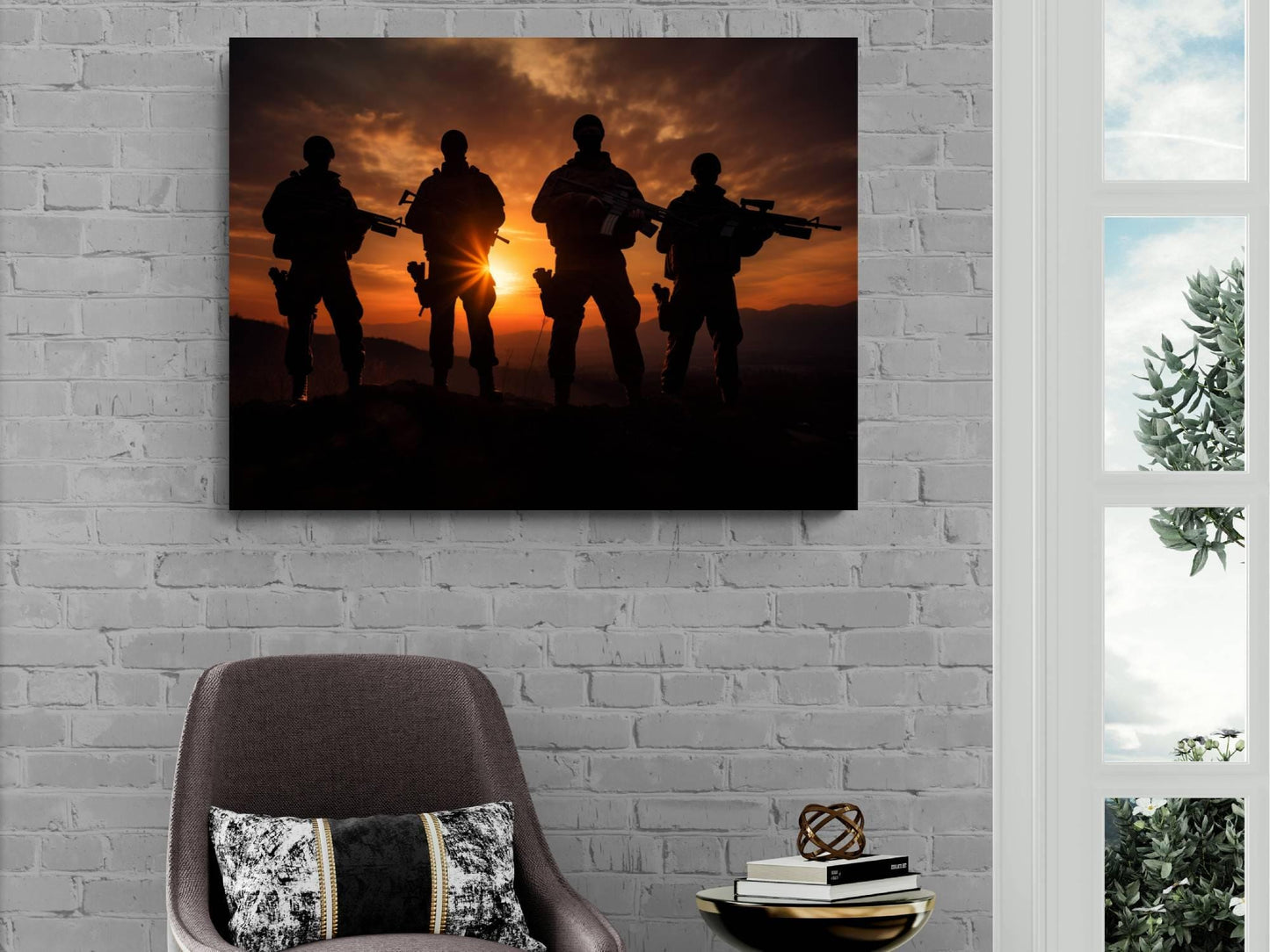 a group of armed soldiers standing in silhouette against a dramatic sunset sky, with mountains in the background.