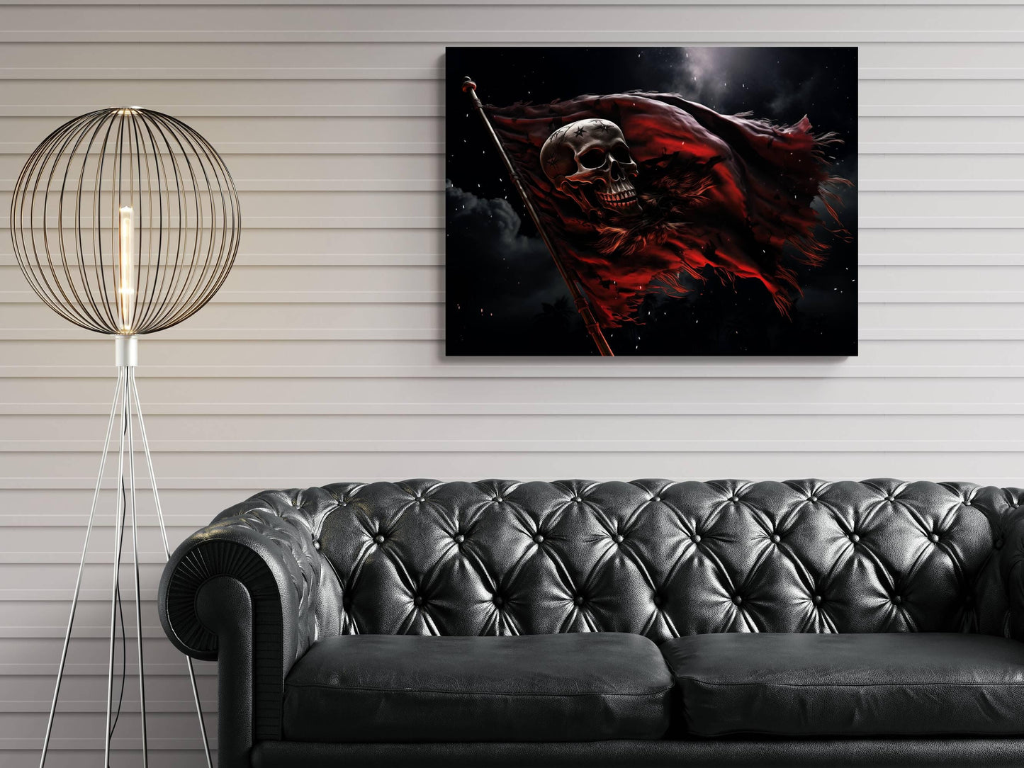 Red Pirate Flag Canvas, Skull Jolly Roger Wall Art, Gothic Nautical Print, Dark Maritime Decor, Weathered Battle Flag Painting