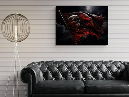 Red Pirate Flag Canvas, Skull Jolly Roger Wall Art, Gothic Nautical Print, Dark Maritime Decor, Weathered Battle Flag Painting