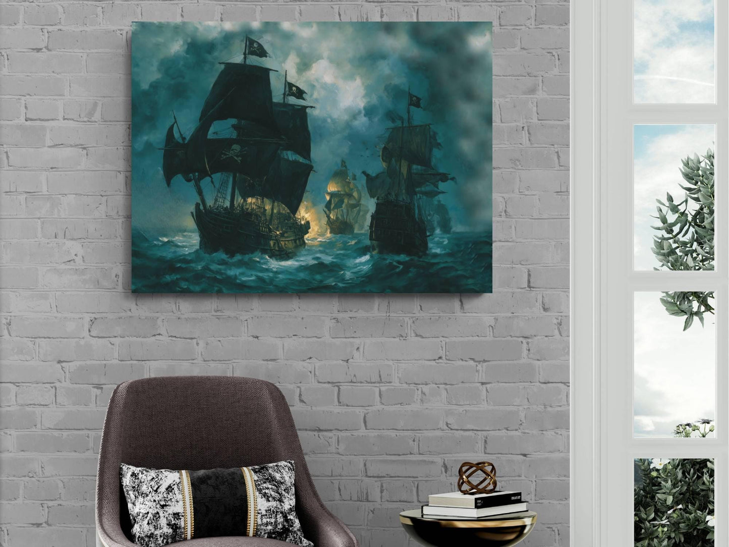 Pirate Naval Battle Canvas, Sea Warfare Ships Print, Jolly Roger Fleet Wall Decor, Burning Vessels Teal Ocean Painting