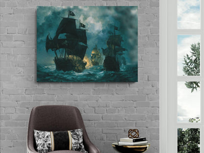 Pirate Naval Battle Canvas, Sea Warfare Ships Print, Jolly Roger Fleet Wall Decor, Burning Vessels Teal Ocean Painting