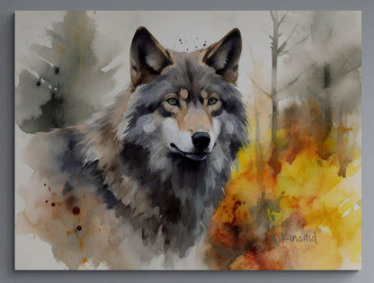 a painting of a wolf standing in a forest