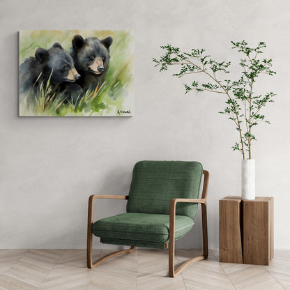 Black Bear Cubs in Grass | Canvas Print | Wildlife Art | Cabin Art | Forest Art | Archer Kincaid | watercolor bears | baby bear watercolor