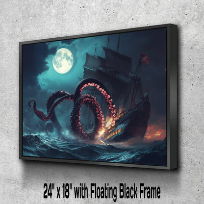 Kraken Attack Pirate Ship Canvas, Giant Octopus Tentacles Print, Fantasy Nautical Wall Decor, Moonlit Sea Monster Painting