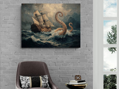 Vintage Kraken Pirate Ship Canvas, Oil Painting Style Octopus Print, Classic Maritime Wall Decor, Stormy Sea Monster Artwork