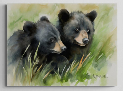 a painting of two bears in the grass