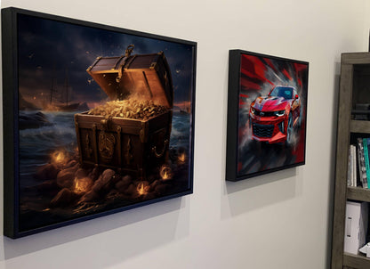 Pirate Treasure Chest Canvas Art, Gold Coins Beach Print, Nautical Adventure Wall Decor, Maritime Wealth Painting, Sunset Ocean Art