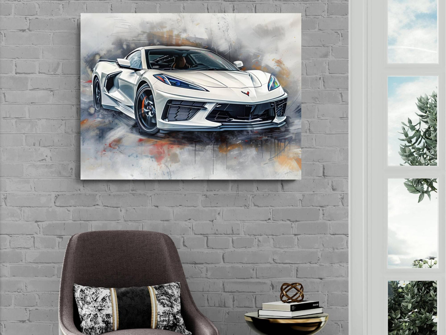 2025 C8 Corvette White Canvas Wall Art | Chevrolet Sportscar Print | Modern Auto Poster | Car Lover Gift | C8 Vette Decor | Framed Available