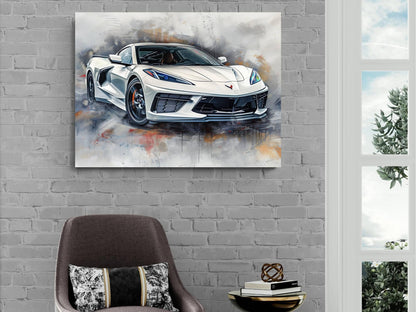 2025 C8 Corvette White Canvas Wall Art | Chevrolet Sportscar Print | Modern Auto Poster | Car Lover Gift | C8 Vette Decor | Framed Available