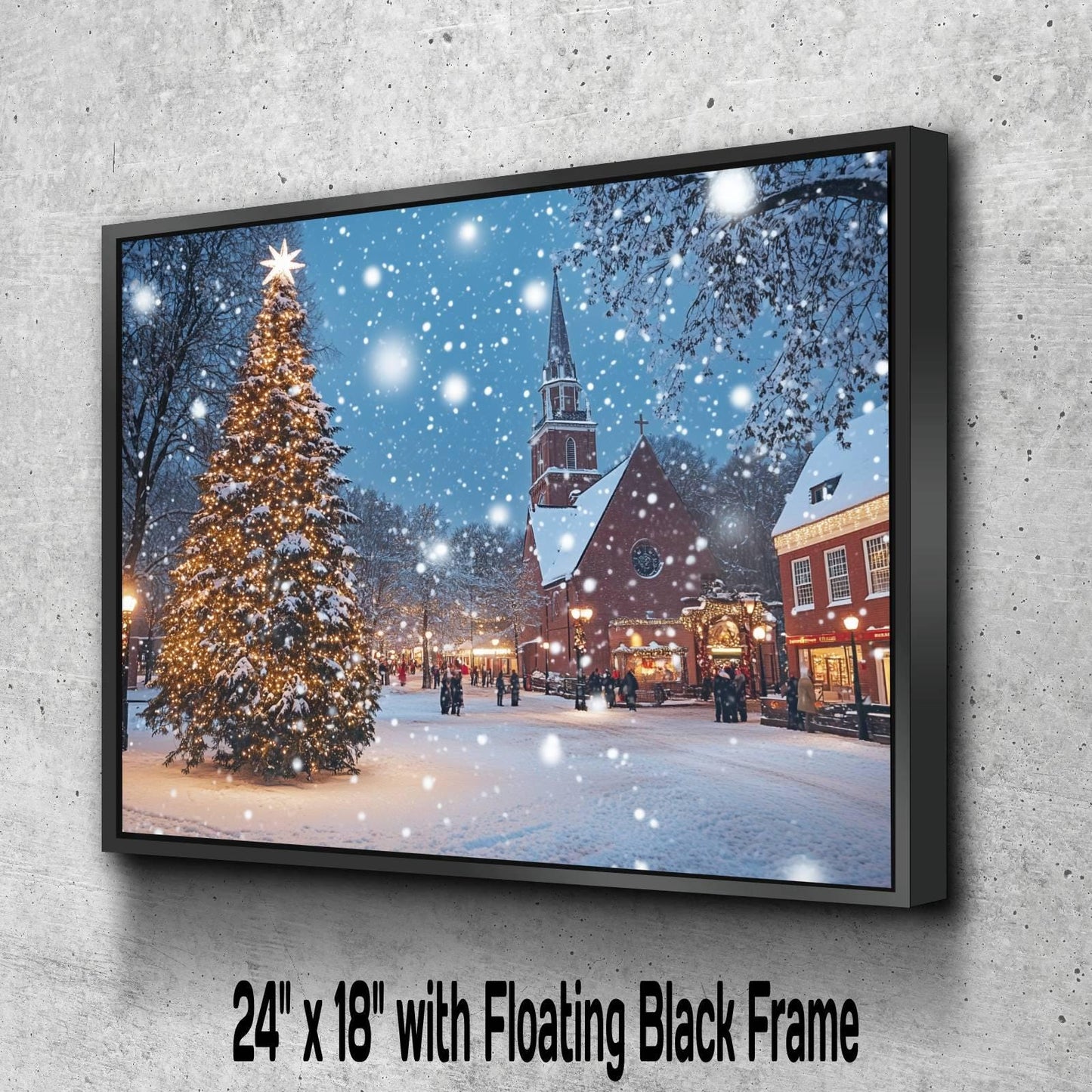 Christmas Tree Town Square Print | Snowy Church Holiday Wall Art | Festive Winter Village Scene | Xmas Lights Snow Painting | Holiday Decor