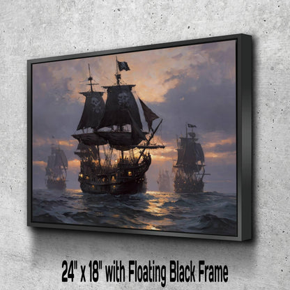 Pirate Fleet Sunset Canvas, Jolly Roger Ships Print, Golden Hour Nautical Wall Decor, Skull Flag Galleons Oil Painting Style