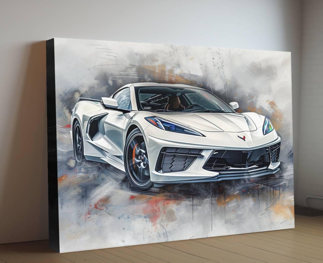 2025 C8 Corvette White Canvas Wall Art | Chevrolet Sportscar Print | Modern Auto Poster | Car Lover Gift | C8 Vette Decor | Framed Available