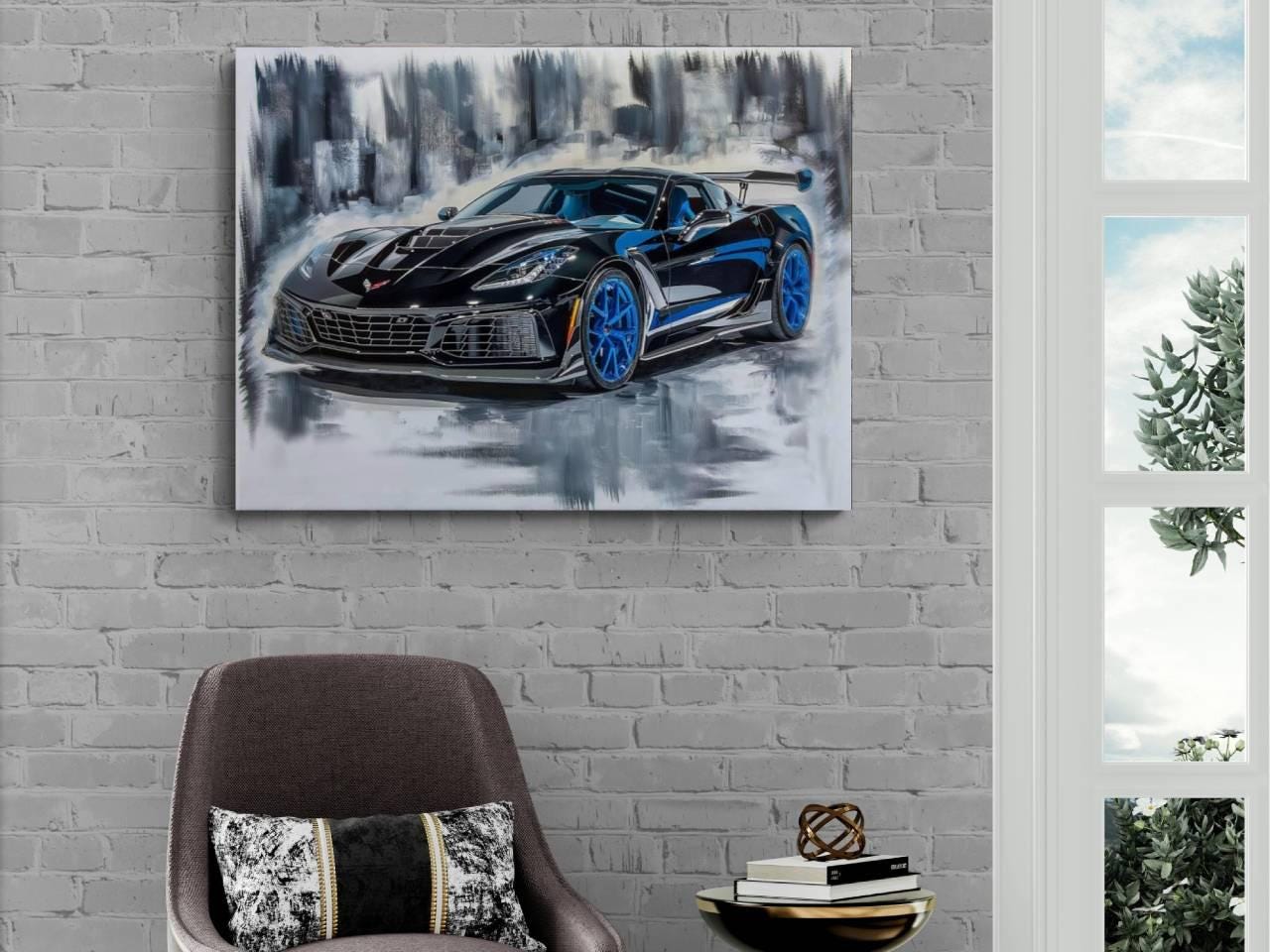 2025 Chevrolet Corvette ZR1 Canvas Print | Black Blue Sports Car Auto Wall Art | New Sports Car | Car Lovers Poster Gift | C8 Vette Chevy