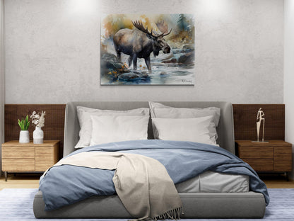 Moose in River #2 | Canvas Print | Wildlife Art | Cabin Art | Forest Art | Archer Kincaid | watercolor artful