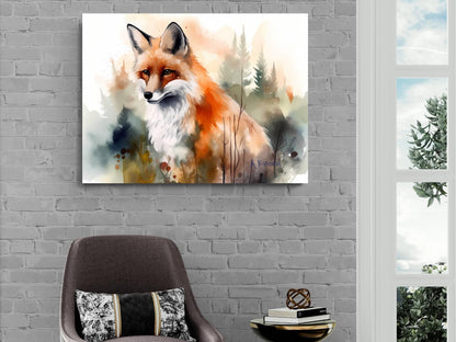 a painting of a fox on a brick wall, with a cozy seating area and a window in the background.