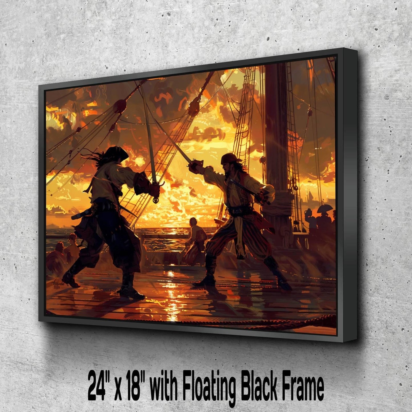 Pirate Sword Fight Sunset Canvas, Silhouette Duel Print, Golden Sky Maritime Battle Decor, Epic Combat Scene Painting