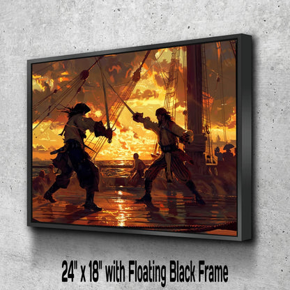 Pirate Sword Fight Sunset Canvas, Silhouette Duel Print, Golden Sky Maritime Battle Decor, Epic Combat Scene Painting