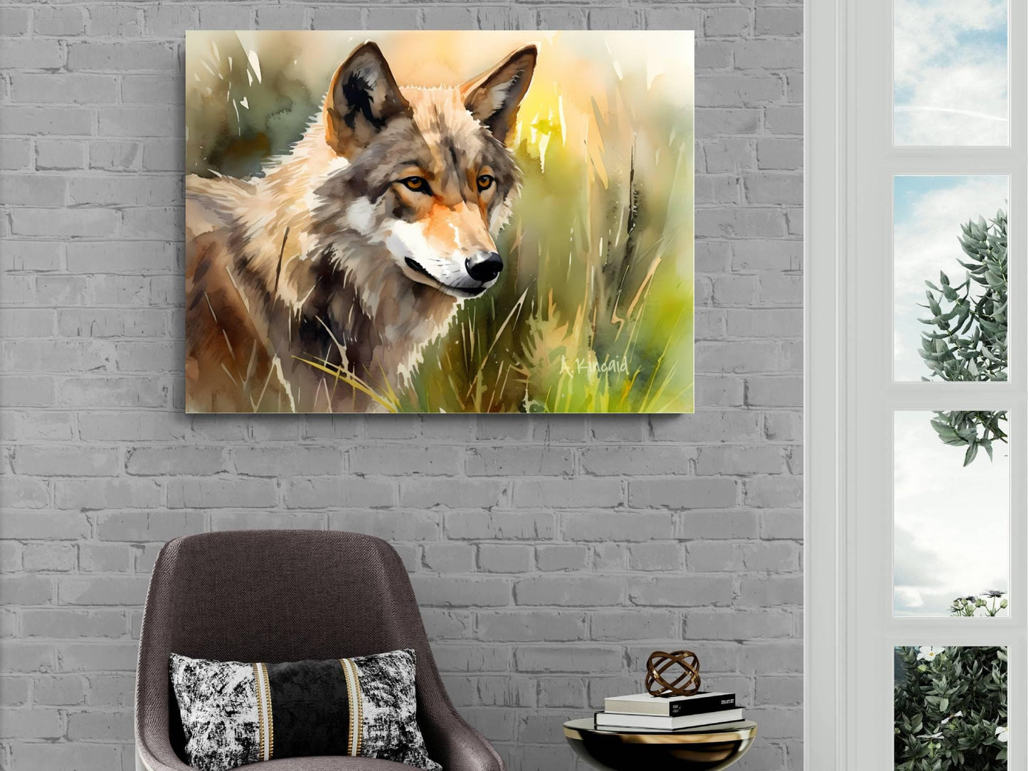 a painting of a wolf in a grassy field, hanging on a brick wall above a brown armchair.