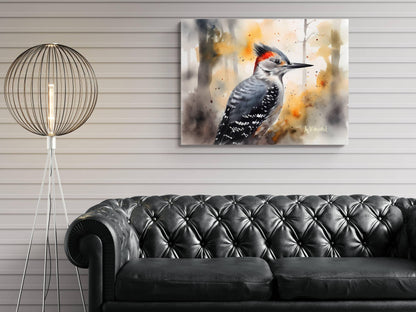 a black leather sofa in a living room setting, with a painting of a woodpecker hanging on the wall above it.