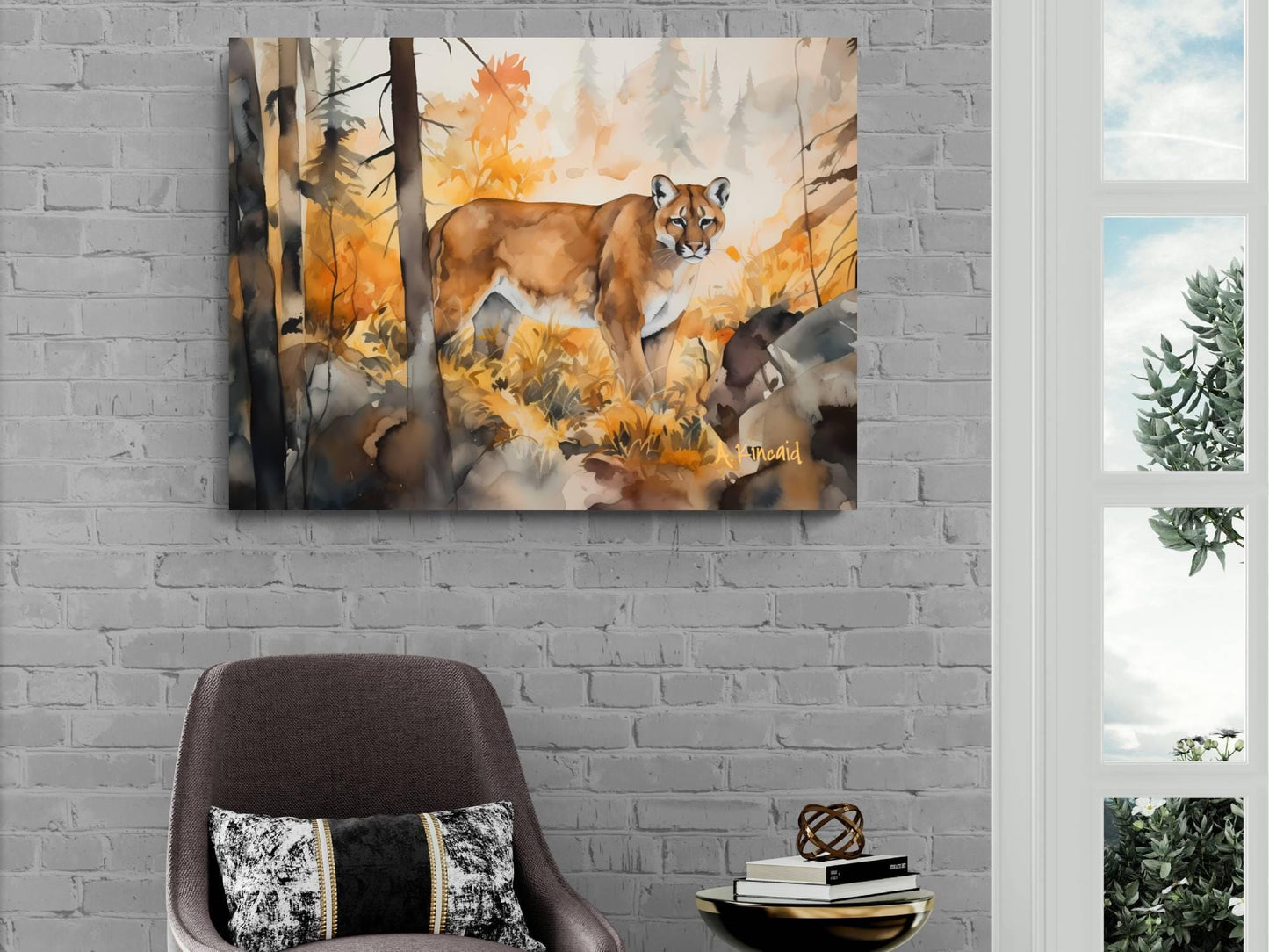 a painting of a cougar in a forest setting, hanging on a brick wall.