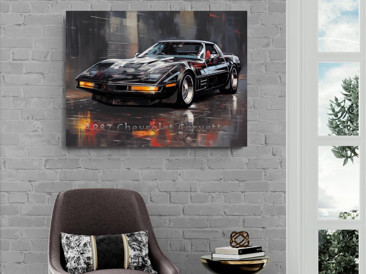 1987 Chevrolet Corvette Convertible Canvas Print | Auto Wall Art Decor | Retro Sports Car | Car Lovers Poster Gift | C4 Black Vette Mancave