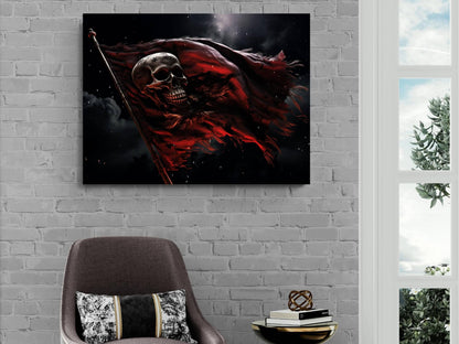 Red Pirate Flag Canvas, Skull Jolly Roger Wall Art, Gothic Nautical Print, Dark Maritime Decor, Weathered Battle Flag Painting