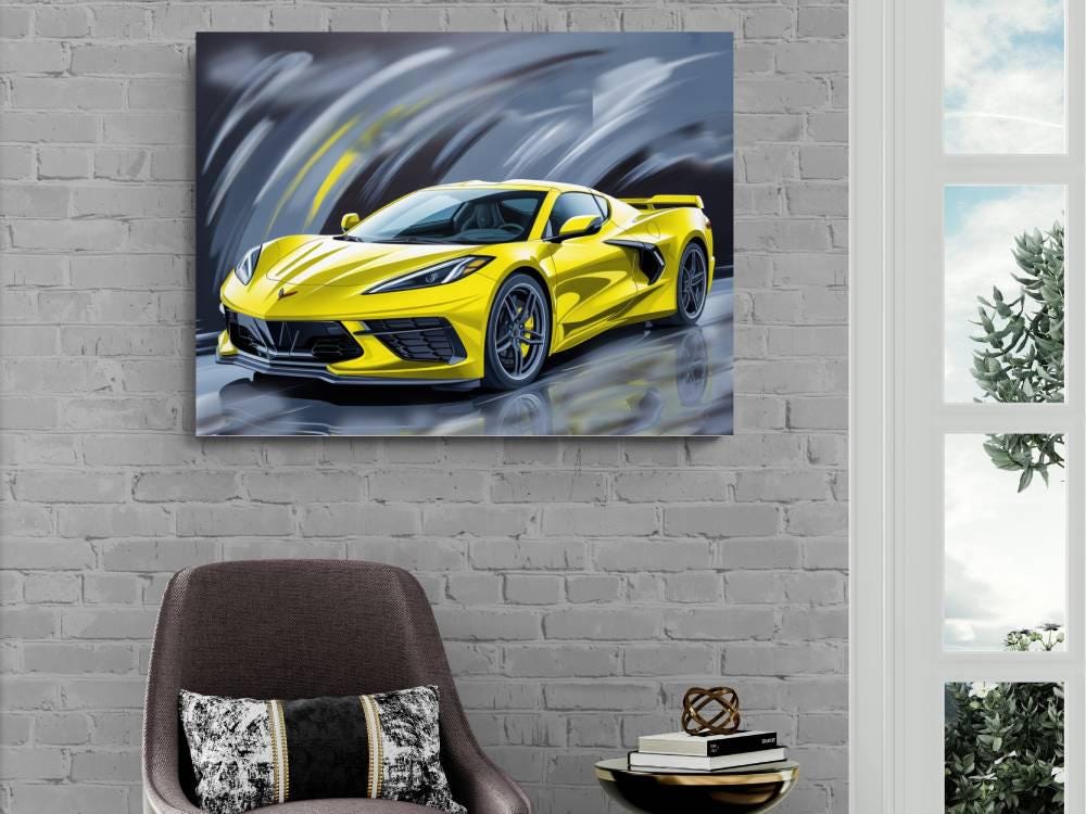 2024 C8 Corvette Yellow Canvas Wall Decor | Chevrolet Sports Car Print | Modern Auto Poster | Car Lover Gift | C8 Vette Car Gift for Man