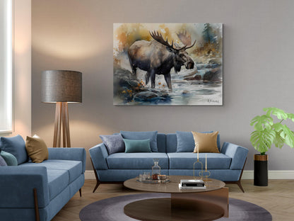 Moose in River #2 | Canvas Print | Wildlife Art | Cabin Art | Forest Art | Archer Kincaid | watercolor artful