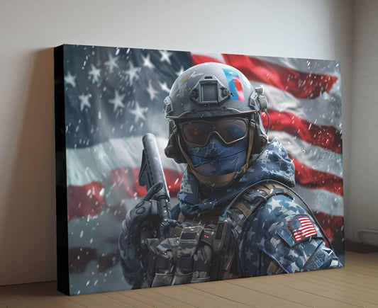 A soldier in camouflage gear stands in front of an American flag, holding a weapon and wearing a helmet with a visor.