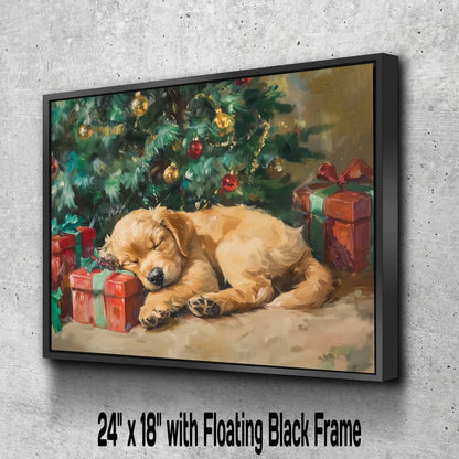 Christmas Puppy Art Print | Golden Retriever Holiday Wall Decor | Sleeping Dog Under Tree | Xmas Gift Present Painting | Cozy Pet Art