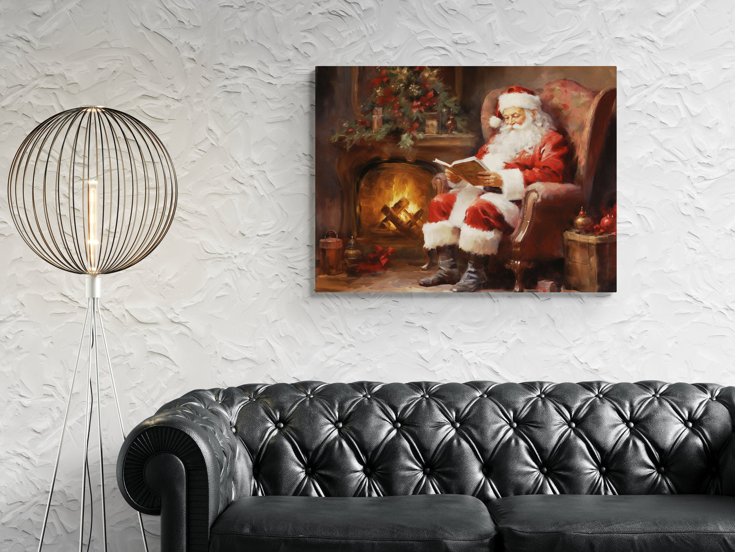 Santa Reading By The Fireplace Canvas Print - Cozy Christmas Scene Canvas Print, Santa Claus Relaxing, Holiday Decor, Festive Artwork