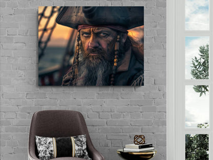 Pirate Captain Portrait Canvas, Weathered Sailor Close-Up Print, Bearded Sea Captain Wall Decor, Nautical Character Painting