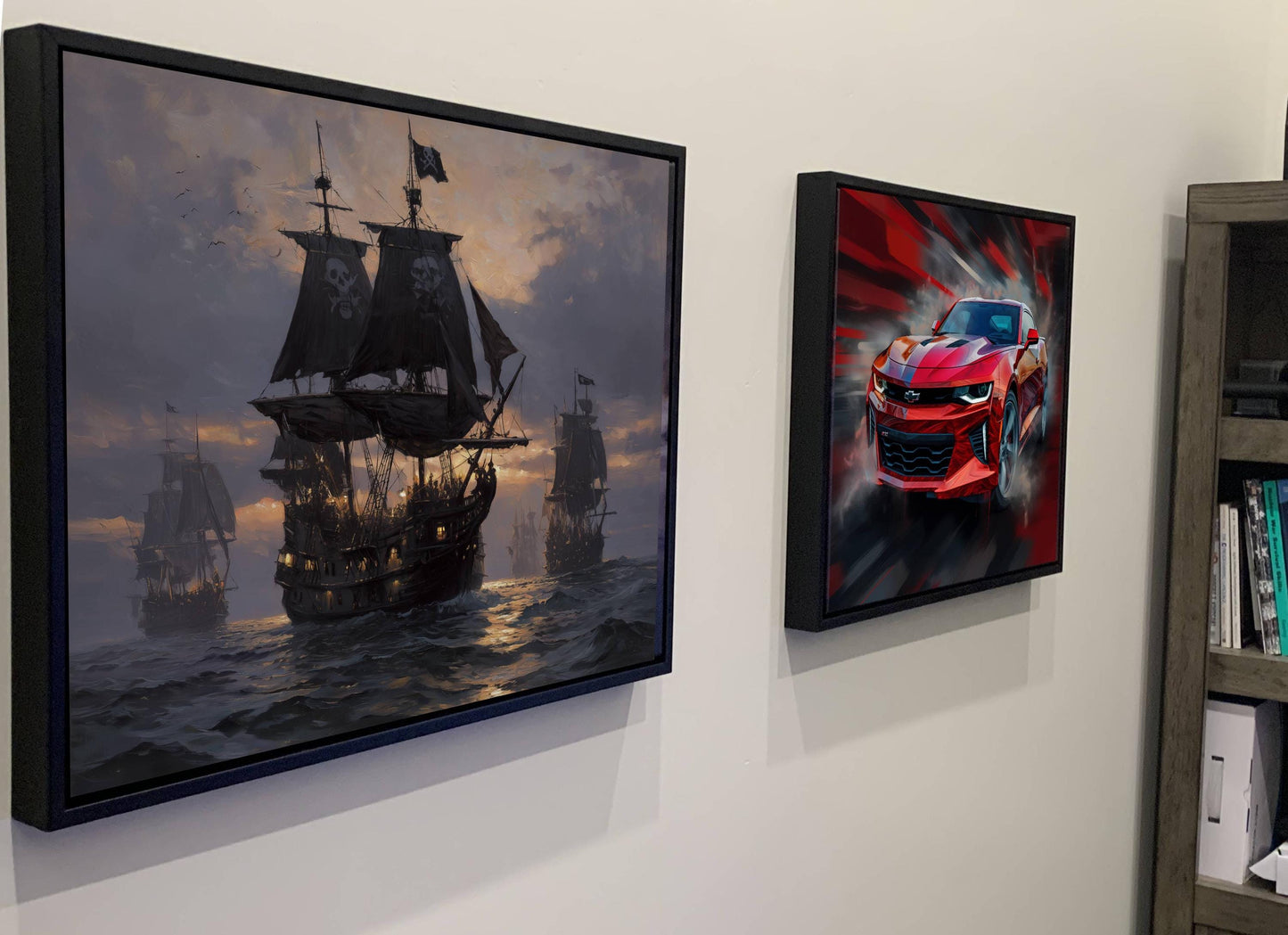 Pirate Fleet Sunset Canvas, Jolly Roger Ships Print, Golden Hour Nautical Wall Decor, Skull Flag Galleons Oil Painting Style