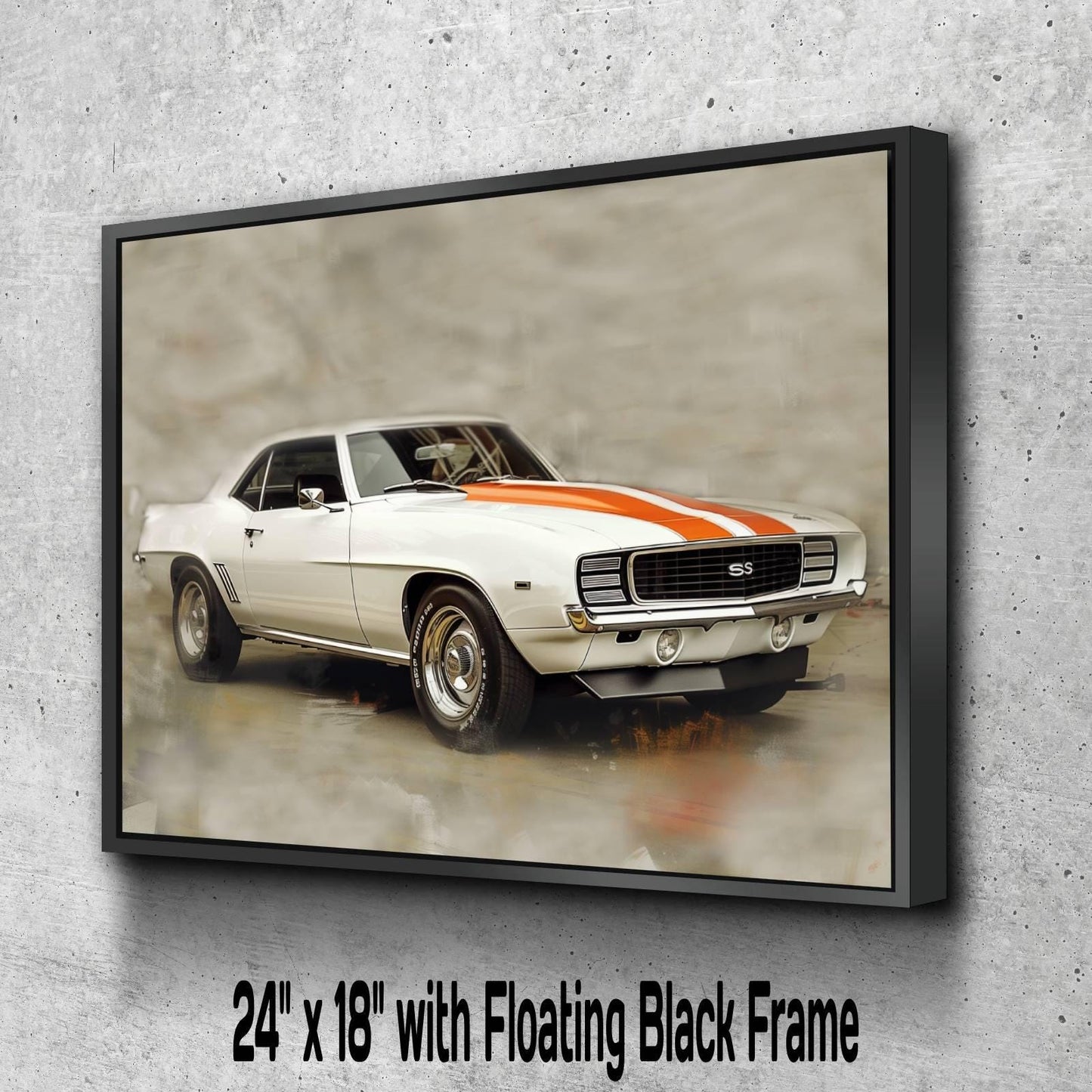 1969 Chevrolet Camaro RS/SS White Orange Canvas Print | Vintage Auto Wall Art Decor | Retro Muscle Car | Car Lovers Poster Gift