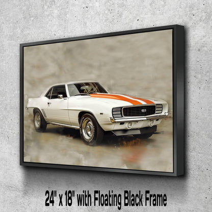 1969 Chevrolet Camaro RS/SS White Orange Canvas Print | Vintage Auto Wall Art Decor | Retro Muscle Car | Car Lovers Poster Gift