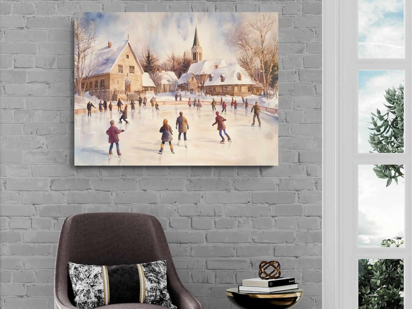 Winter Ice Skating Print | Snowy Village Rink Wall Art | Christmas Town Square Scene | Holiday Watercolor Painting | Festive Winter Activity