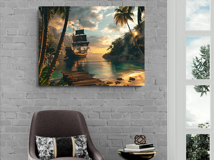 Pirate Hidden Cove Canvas, Tropical Island Hideout Print, Sunset Palm Beach Wall Decor, Secret Harbor Paradise Painting