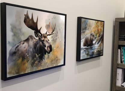 two framed paintings of moose and a beaver on a wall.