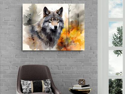a large painting of a wolf on a brick wall, with a cozy seating area and a window in the background.
